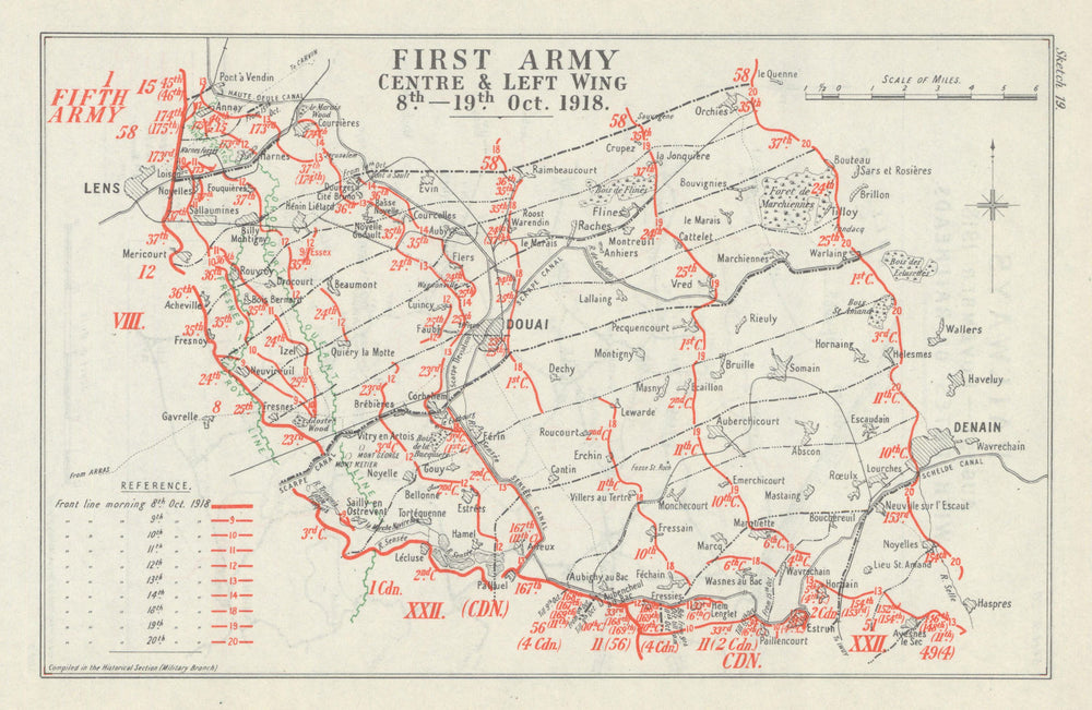 Battle of Cambrai. 1st Army: Centre & Left Wing, 8–19 October 1918. WW1 1947 map