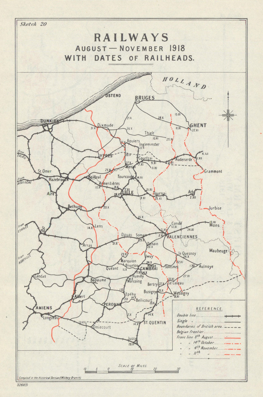 Hundred Days. Railways, August to November 1918. First World War 1947 old map