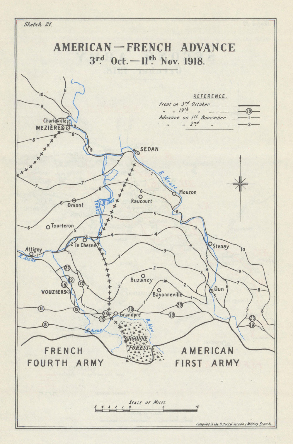 Meuse–Argonne Offensive. American–French Advance 3 Oct–11 Nov 1918. WW1 1947 map