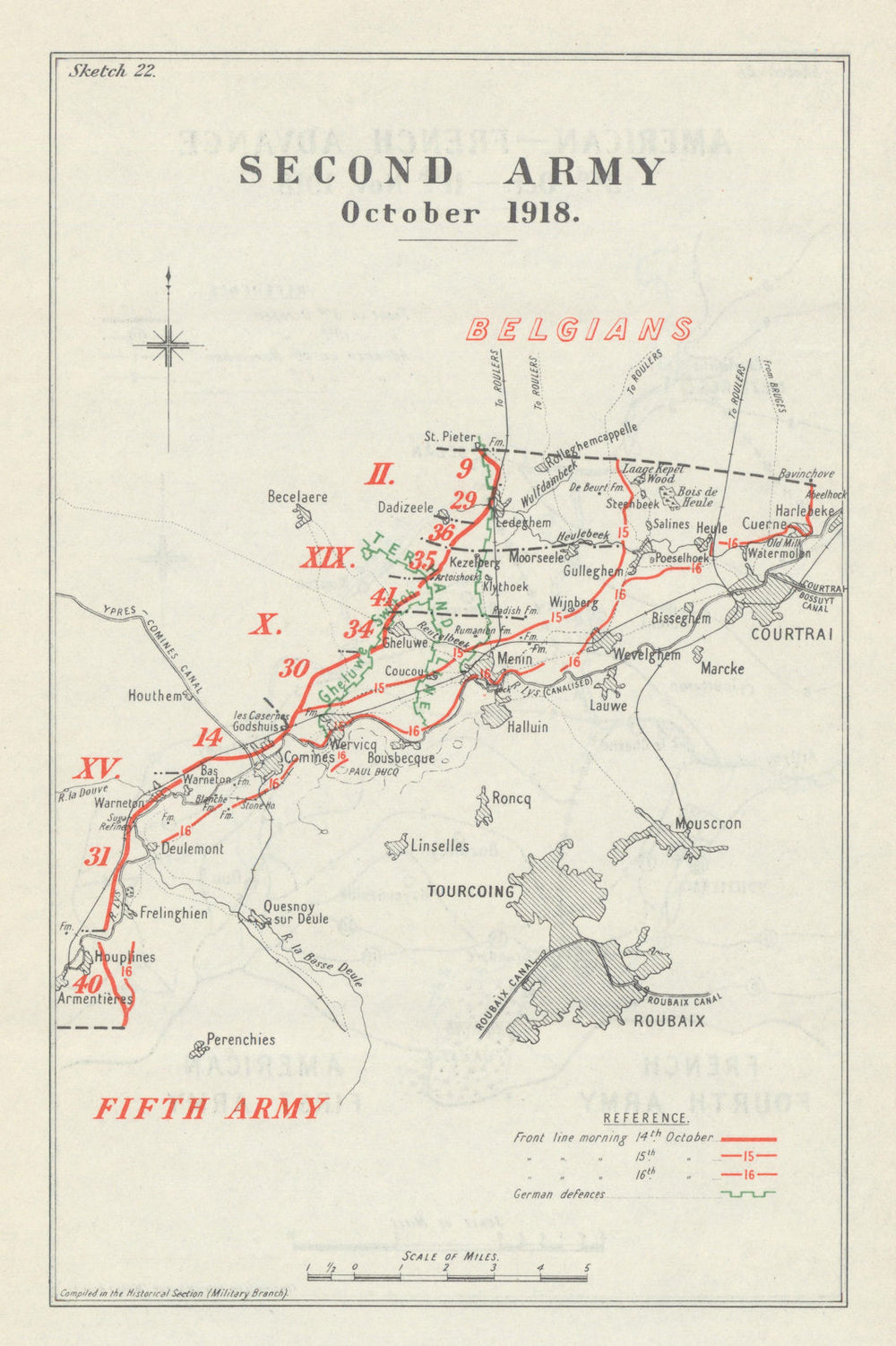 Flanders Offensive. Second Army, 15 October 1918. First World War 1947 old map