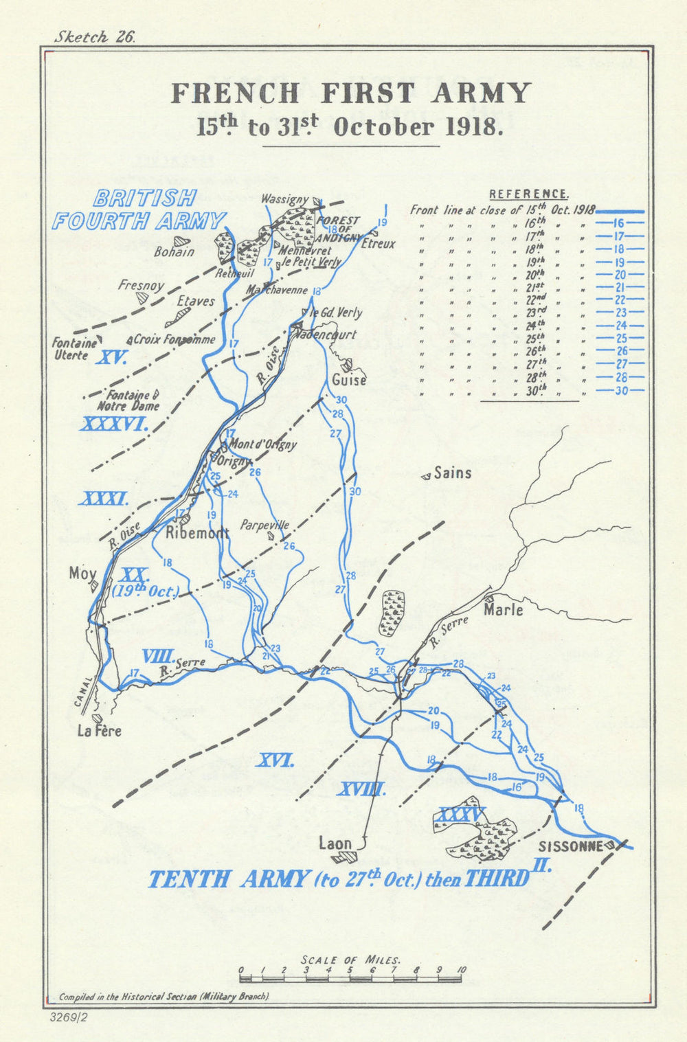 French First Army Operations. 15–31 October 1918. First World War 1947 old map