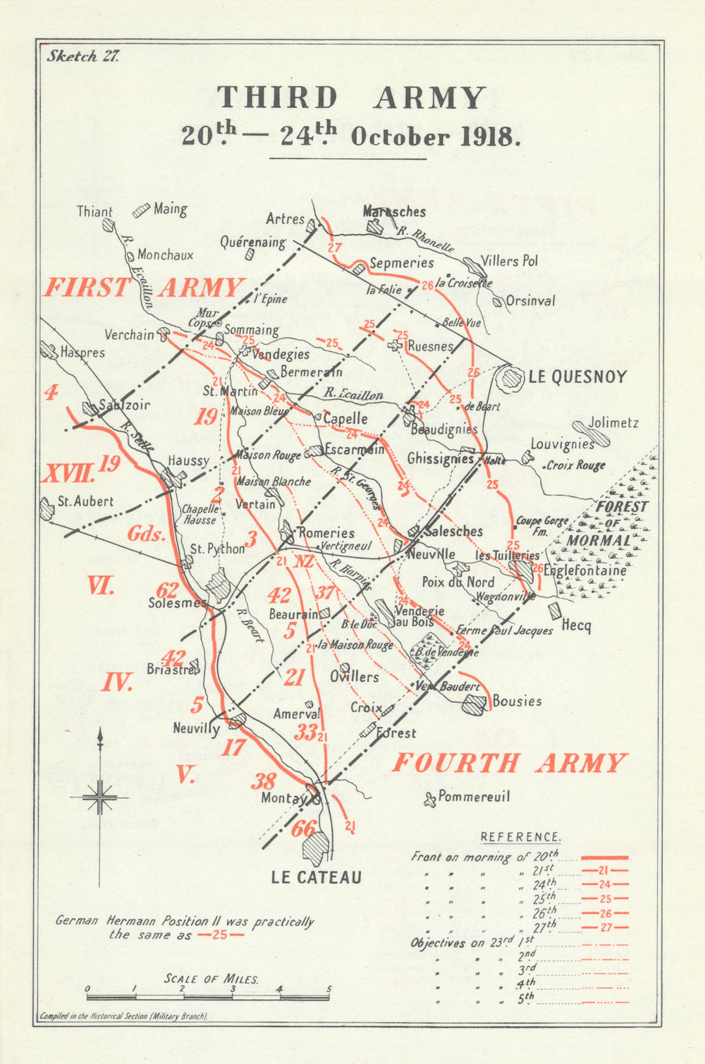 Advance to the Selle/Sambre. Third Army, 20–24 October 1918. WW1 1947 old map