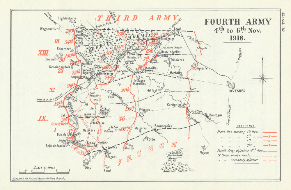 Battle of the Sambre. Fourth Army, 4–6 November 1918. First World War 1947 map