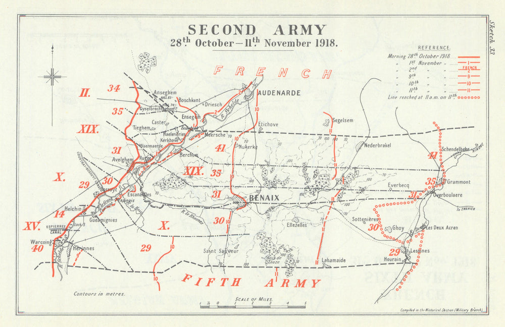 Flanders Offensive. Second Army, 28 October–11 November 1918. WW1 1947 old map