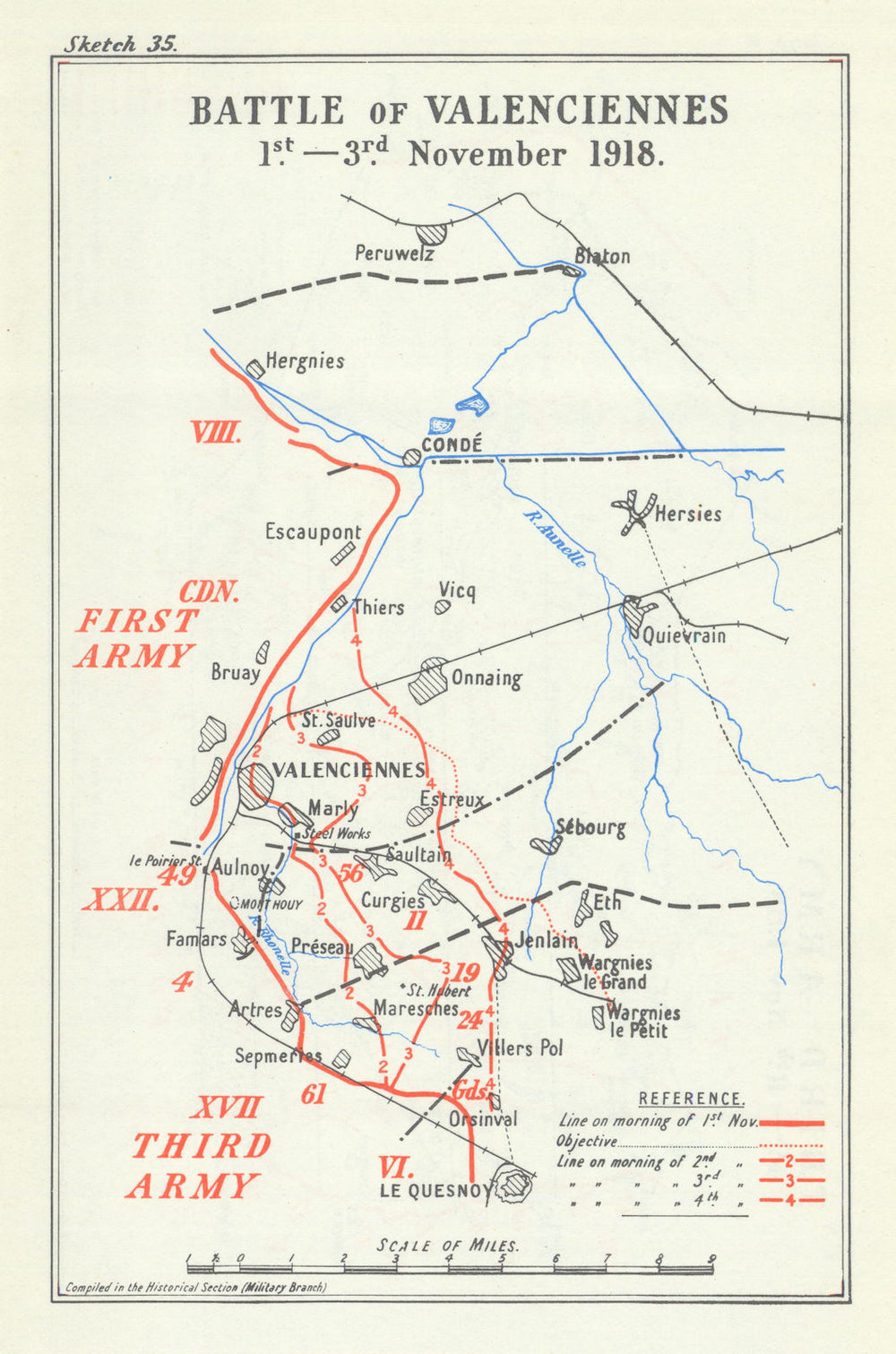 Battle of Valenciennes, 1–3 November 1918. First World War 1947 old map