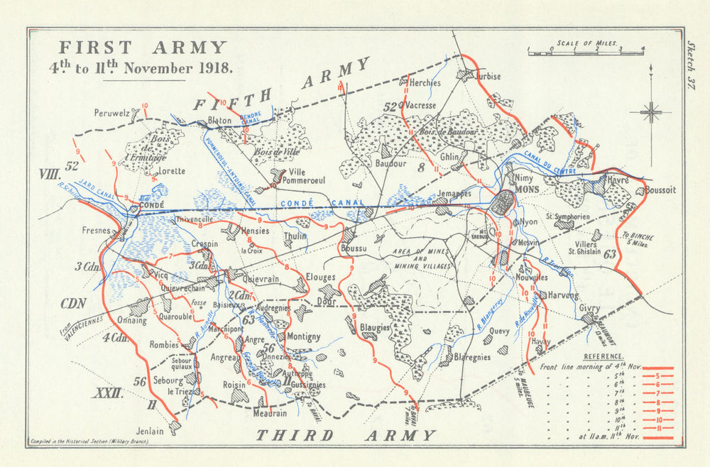 Final Advance. First Army, 4–11 November 1918. First World War 1947 old map