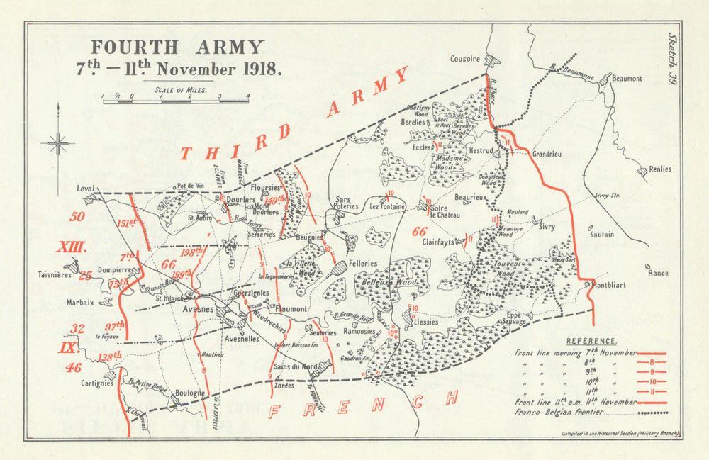 Final Advance. Fourth Army, 7–11 November 1918. First World War 1947 old map