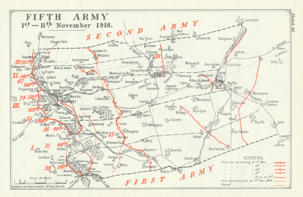 Final Advance. Fifth Army, 1–11 November 1918. First World War 1947 old map