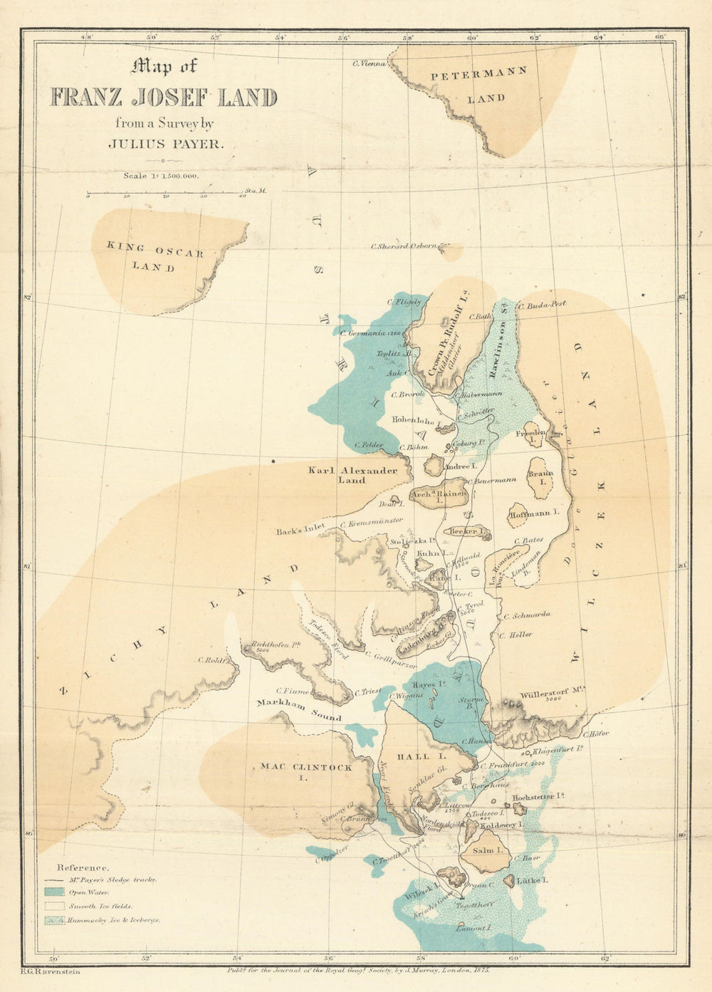 Map of Franz-Josef Land from survey by Julius Payer. Arctic Russia. RGS 1875
