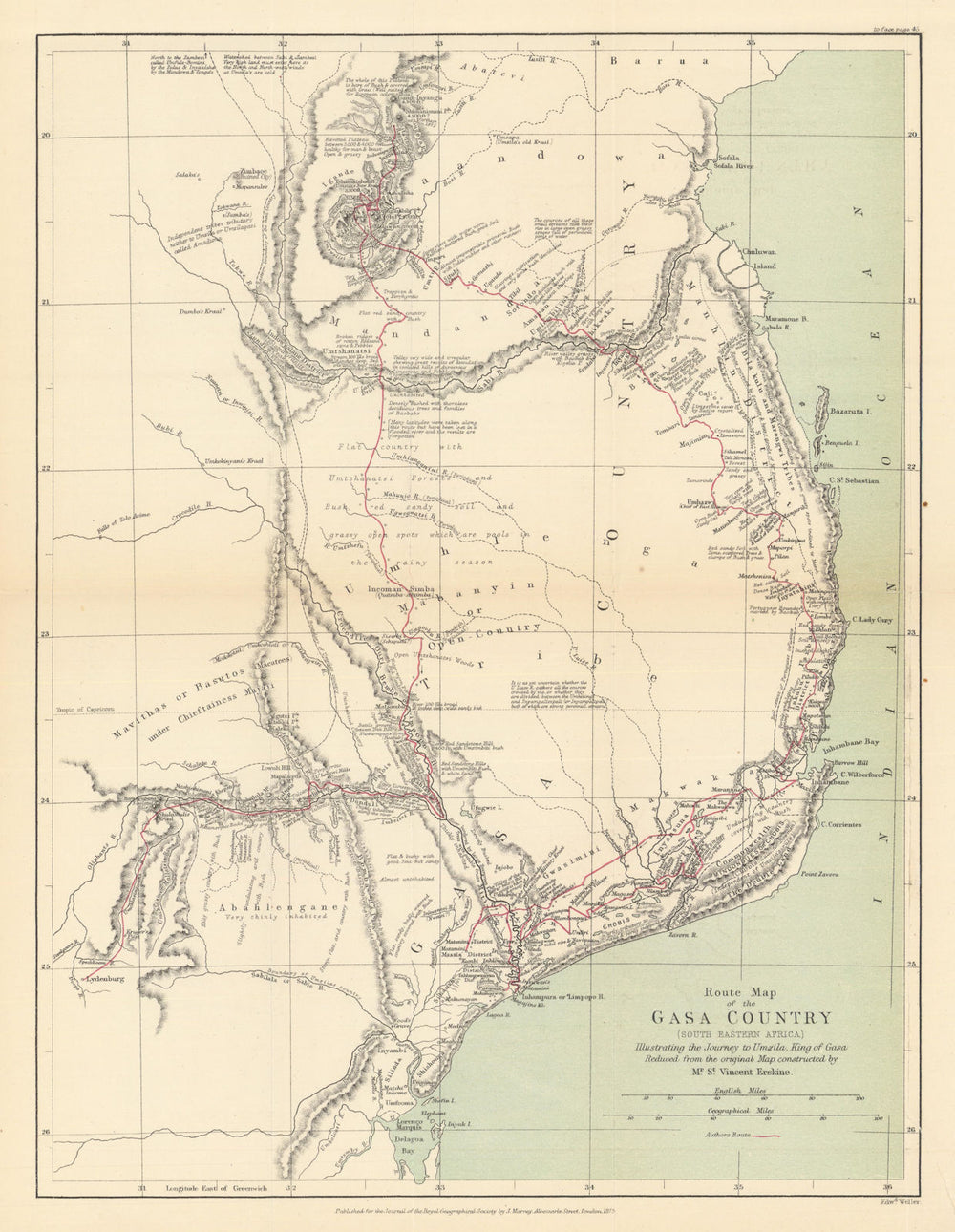 Gasa/Gaza Country route to Umzila. Mozambique. St Vincent Erksine/RGS 1875 map