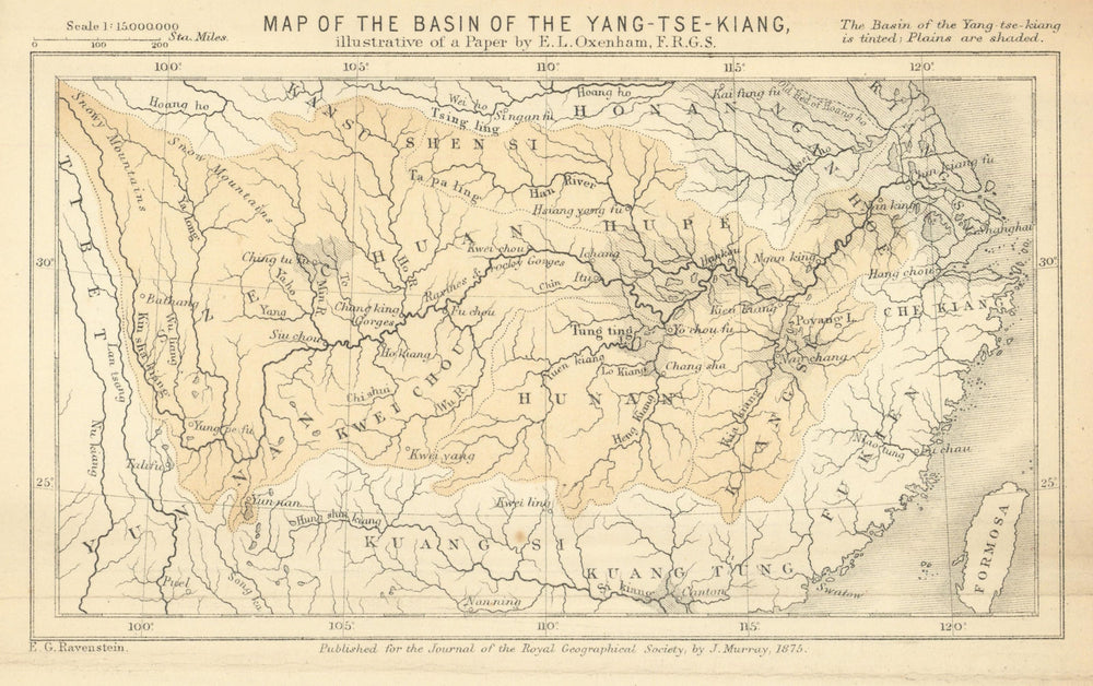 Basin of the Yangtse Kiang by EL Oxenham. China. RGS 1875 old antique map