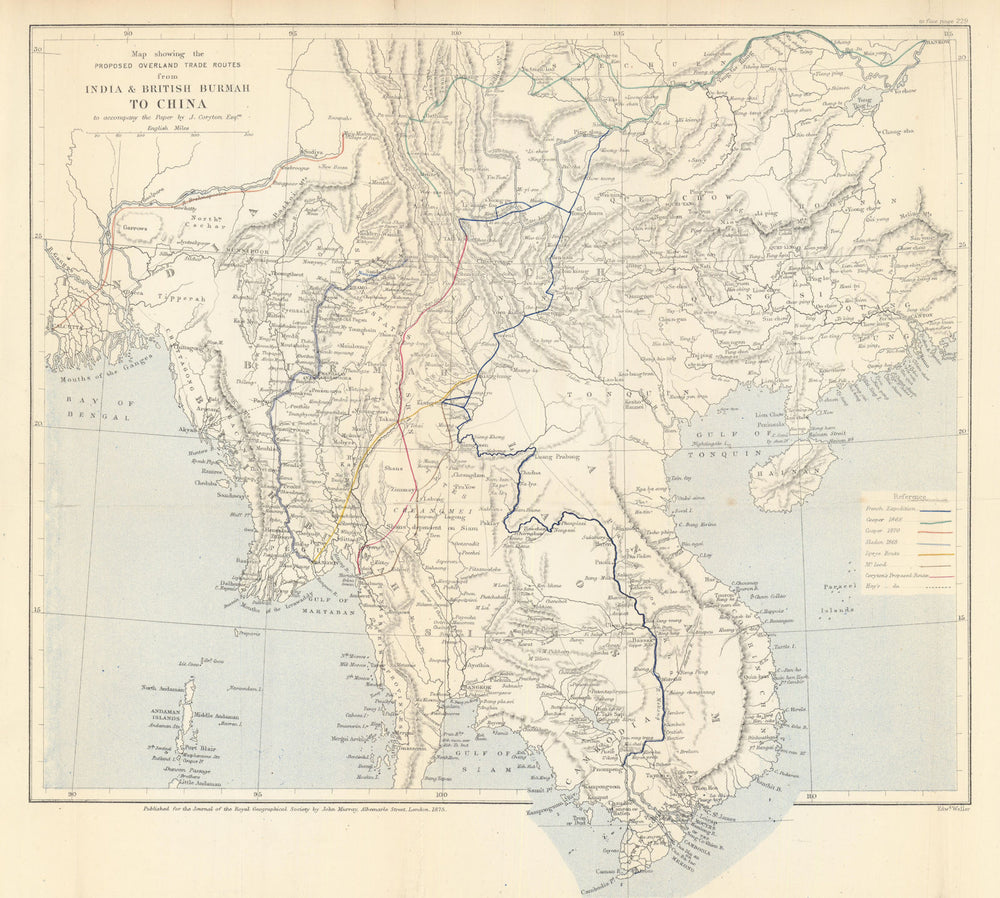 Overland trade routes from India & Burma to China. Coryton/RGS 1875 old map