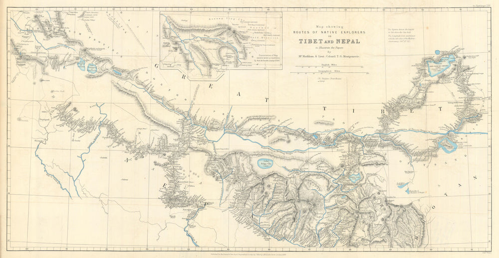 Native Explorer routes in Tibet & Nepal. Markham & Montgomerie. RGS 1875 map