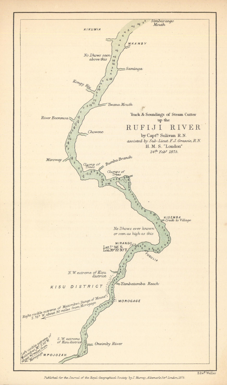 Track and soundings of the River Rufiji by Capt Sulivan. Tanzania. RGS 1875 map