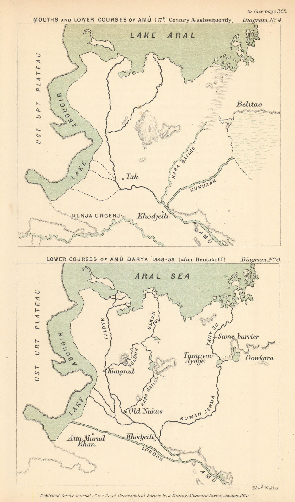 Aral Lake/Sea & Amu Darya changes 16C-1859. Uzbekistan. Boutakoff/RGS 1875 map