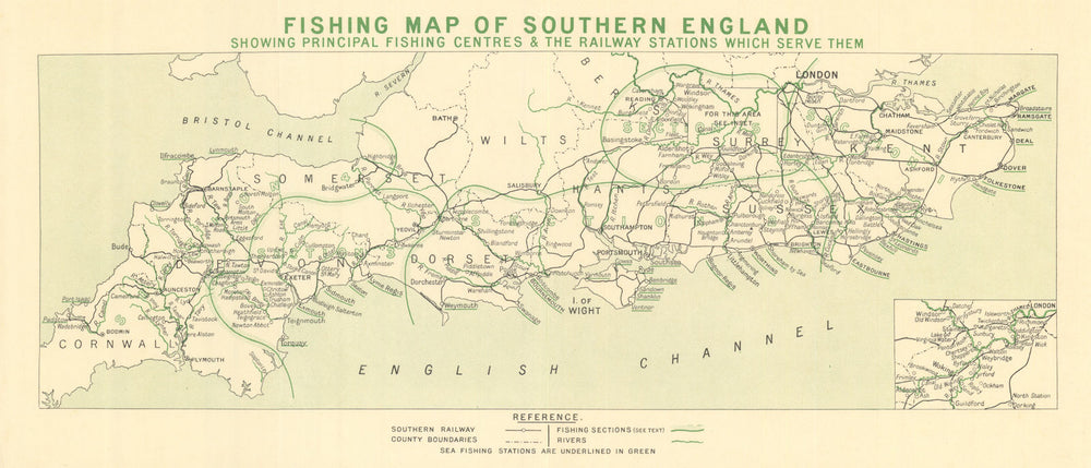 Fishing Map of Southern England – Sea fishing stations & rivers. Tomkin 1934