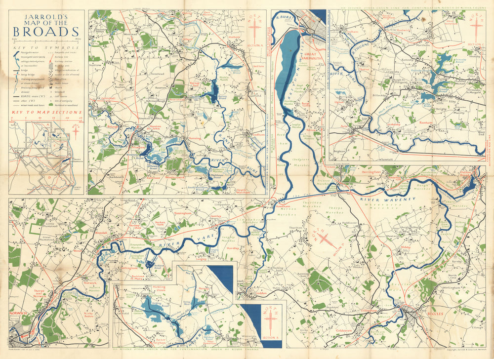 Jarrold’s Map of the Norfolk Broads. Mid-century leisure map by Freda Hands 1946