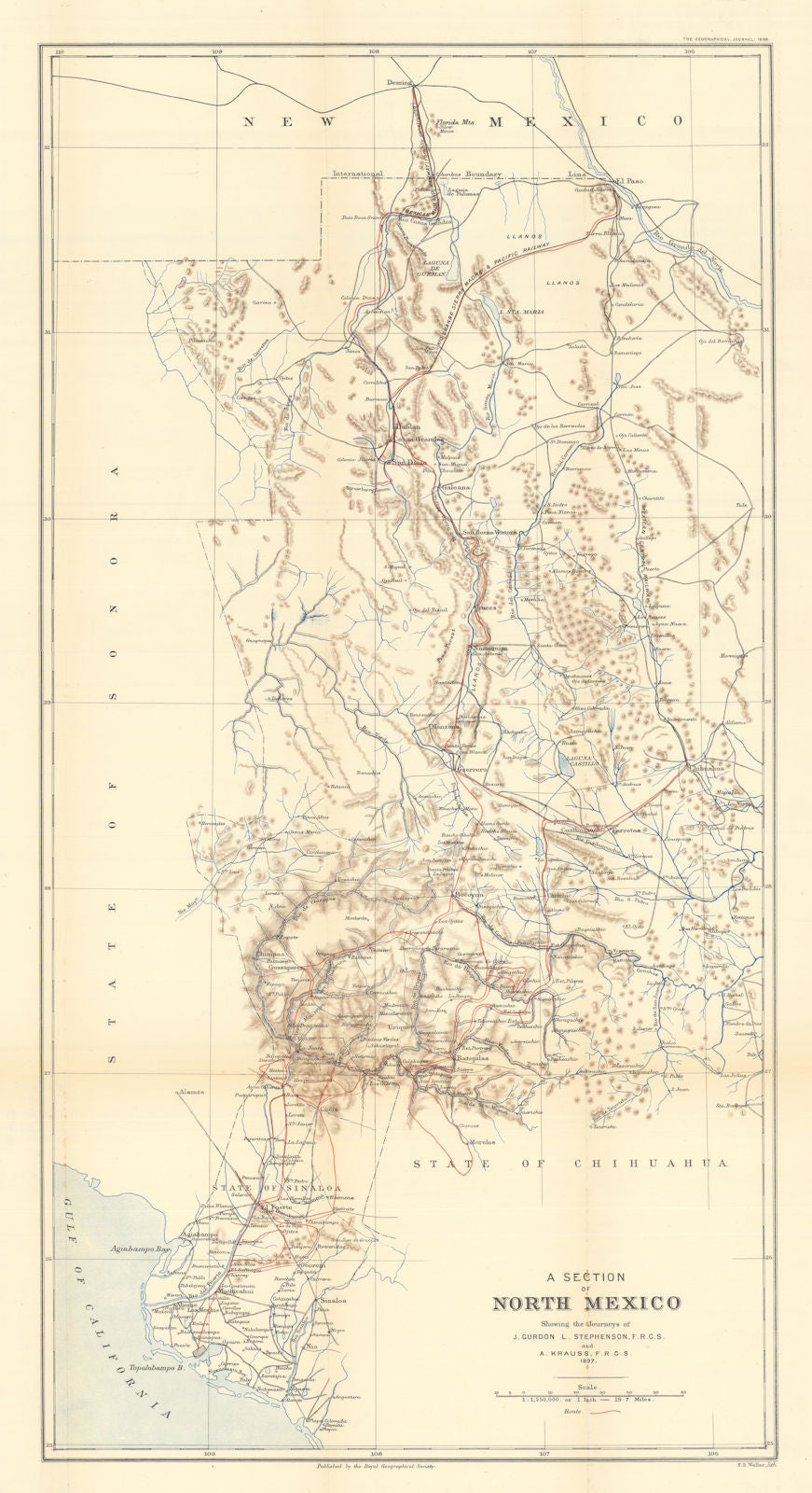 North Mexico showing the journeys of J.G.L. Stephenson & A Krauss. RGS 1898 map