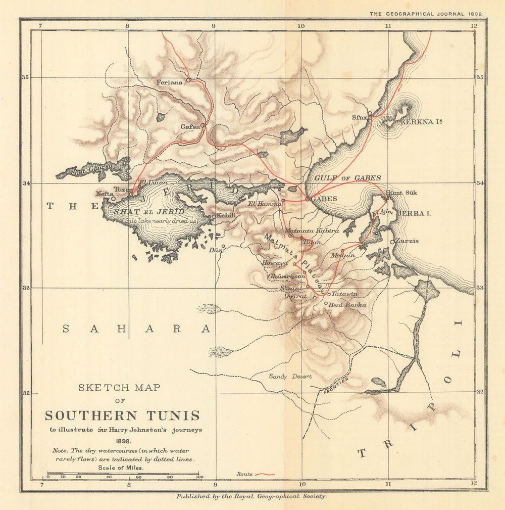 Southern Tunisia illustrating Sir Harry Johnston’s journeys. RGS 1898 old map