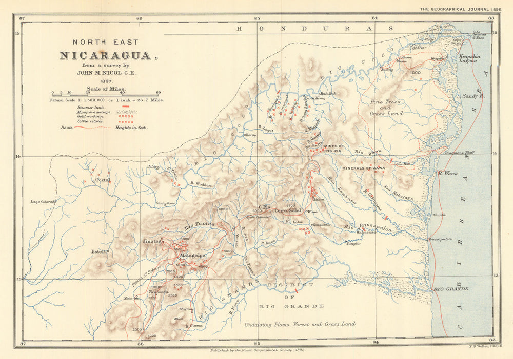 North East Nicaragua from a survey by John Macdonald Nicol. RGS 1898 old map