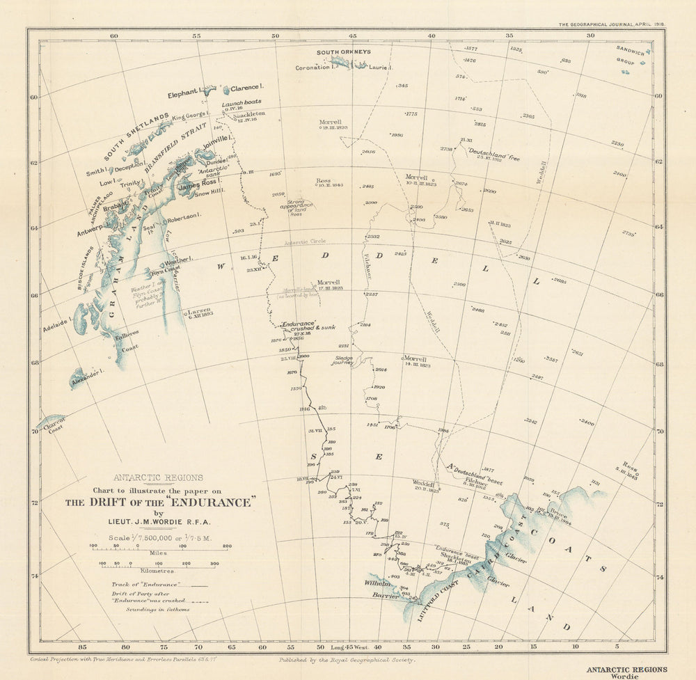 Antarctic. The drift of Shackleton's Endurance by James Wordie. RGS 1918 map