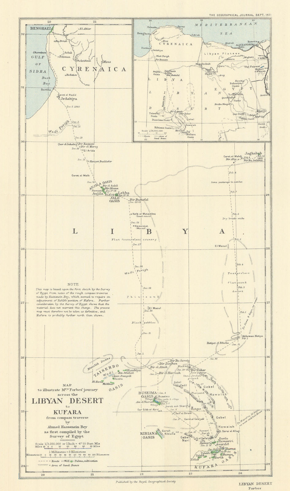 Libyan Desert to Kufara. Rosita Forbes & Ahmed Hassanein Bey. RGS 1921 old map