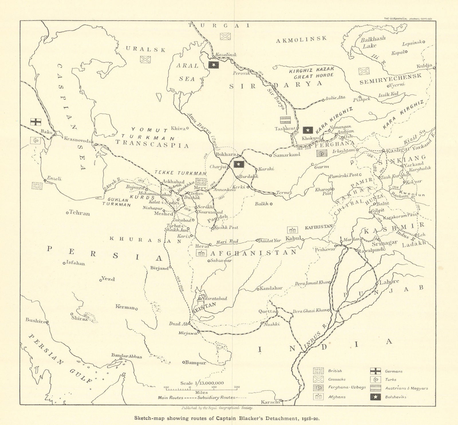 Rgs Route Map Capt Lionel Blacker's detachment routes 1918–20 in South West Asia. RGS ...