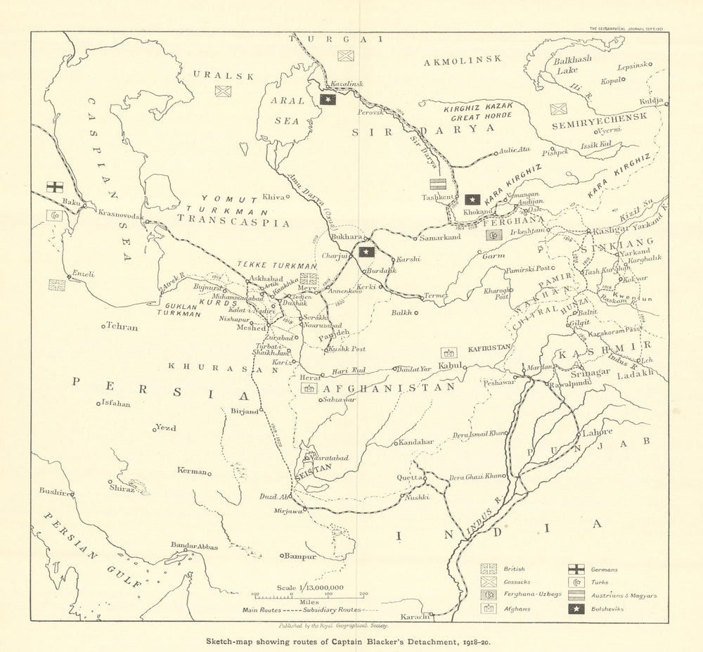 Capt Lionel Blacker's detachment routes 1918–20 in South West Asia. RGS 1921 map