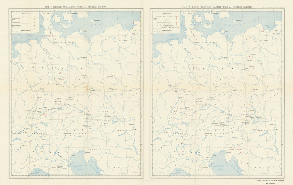 Bronze & early Iron Age amber finds in Central Europe. de Navarro/RGS 1925 map