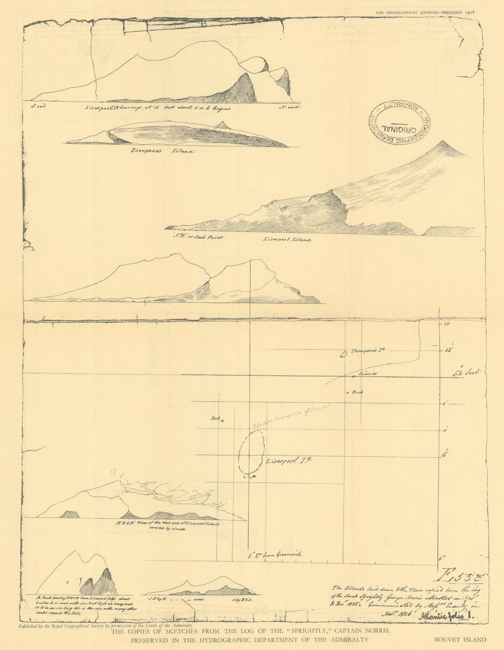 Bouvet Island sketches from Norris's 1825 Sprightly log. Admiralty/RGS 1928 map