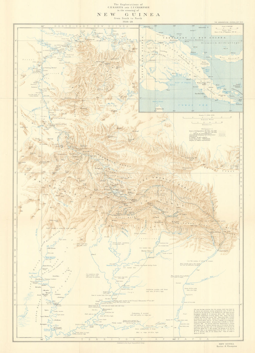 Karius & Champion's crossing of New Guinea 1926-8 South to North. RGS 1929 map
