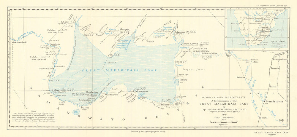 Botswana. Makgadikgadi Pan. Makarikari Lake. Berkeley Clifford / RGS 1930 map