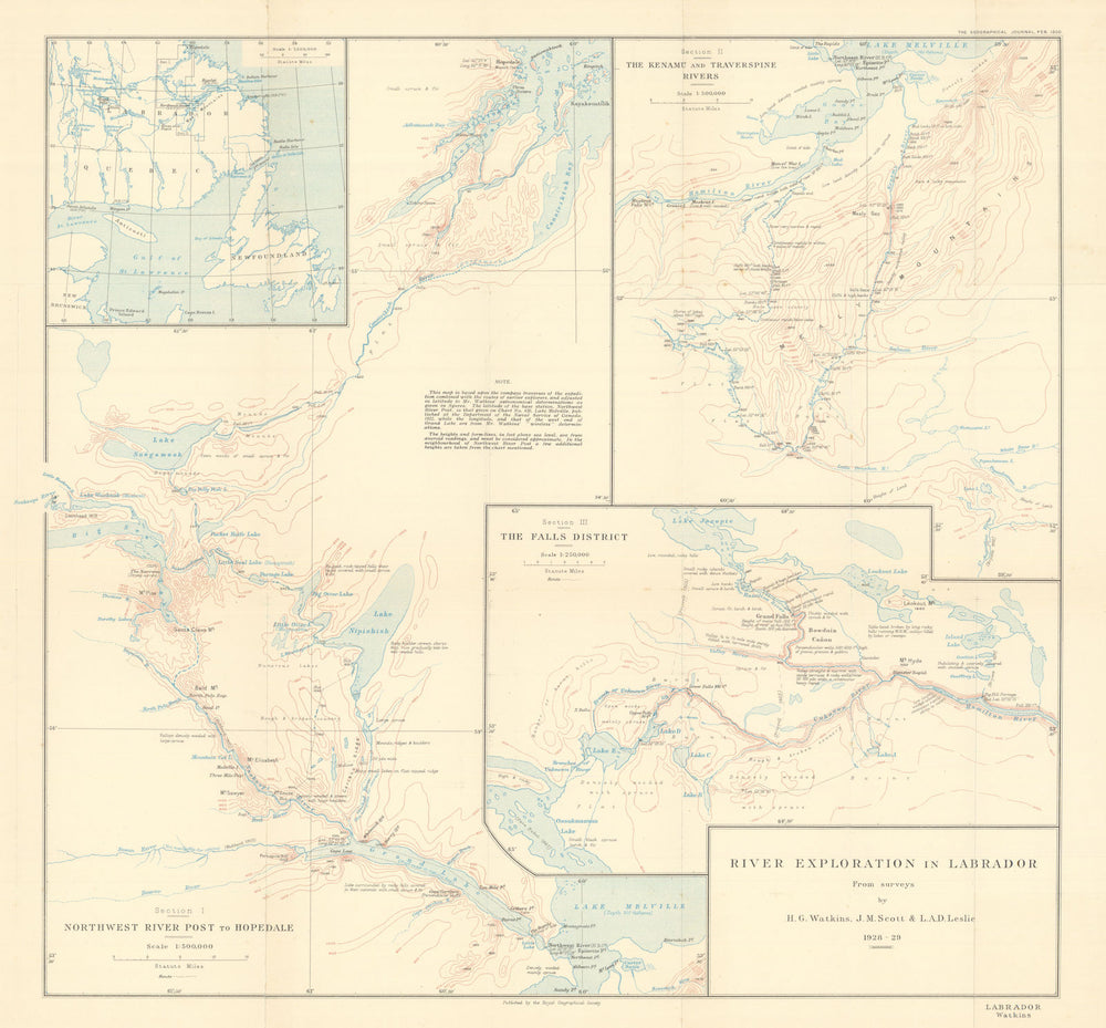 Labrador river exploration by Watkins, Scott & Leslie. Canada. RGS 1930 map