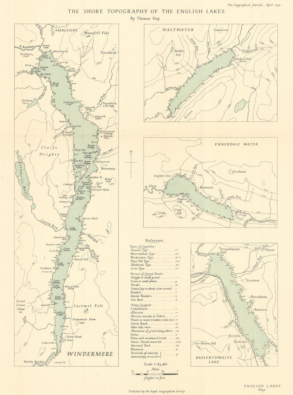 English Lakes shore topography. Windermere Wastwater Ennerdale. Hay/RGS 1930 map
