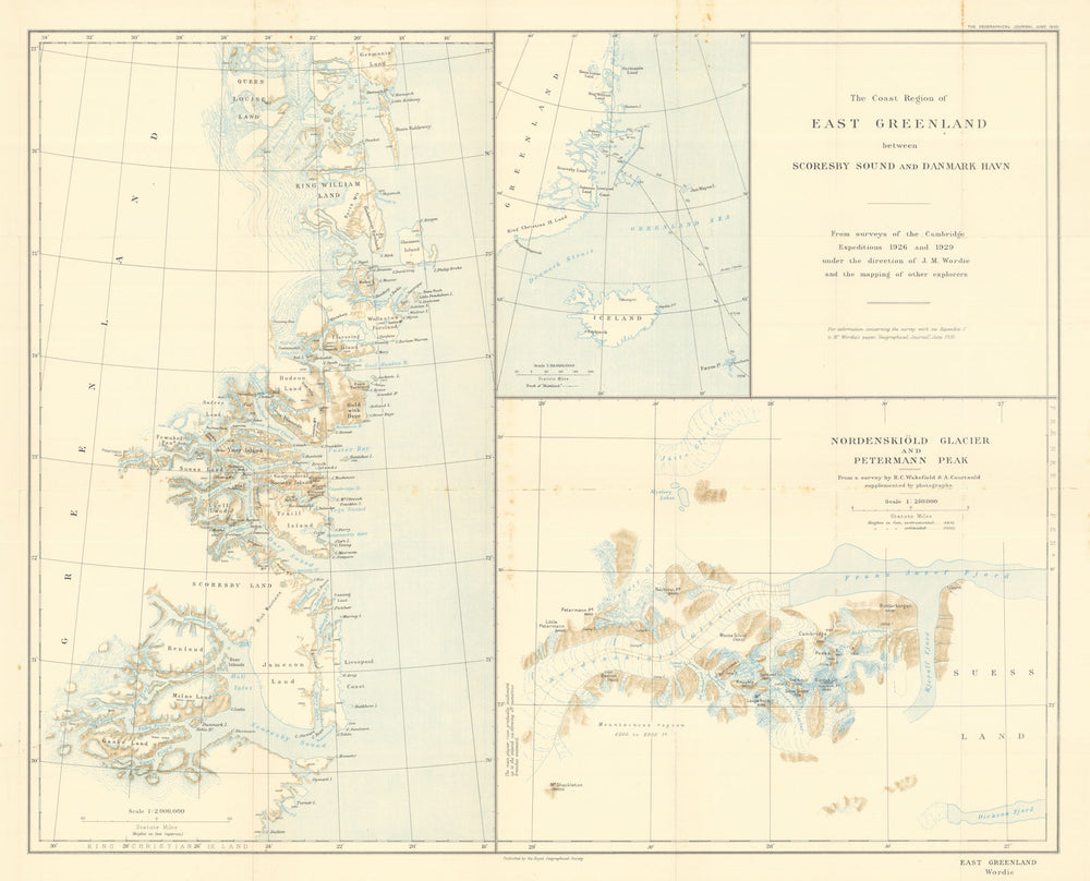 East Greenland Scoresby to Danmark Havn Wordie/Cambridge expedition/RGS 1930 map