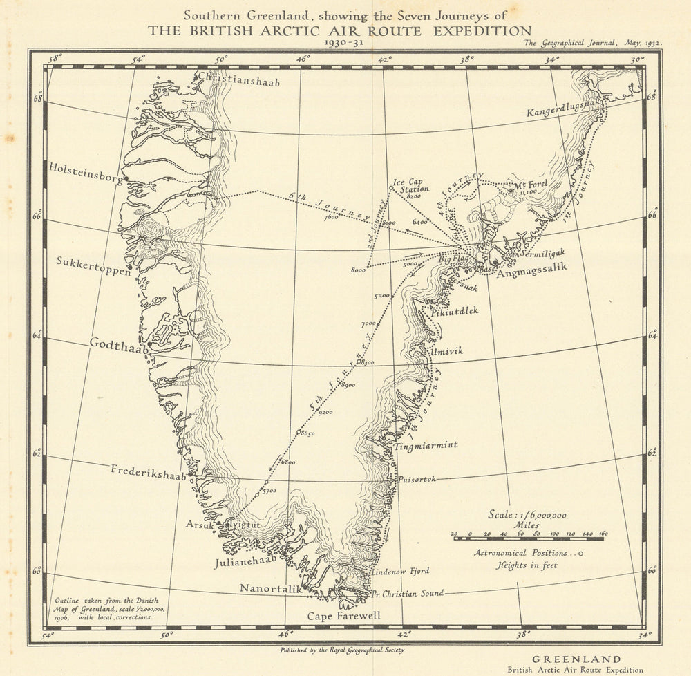 Southern Greenland showing the seven journeys of BAARE 1930-1931. RGS 1932 map