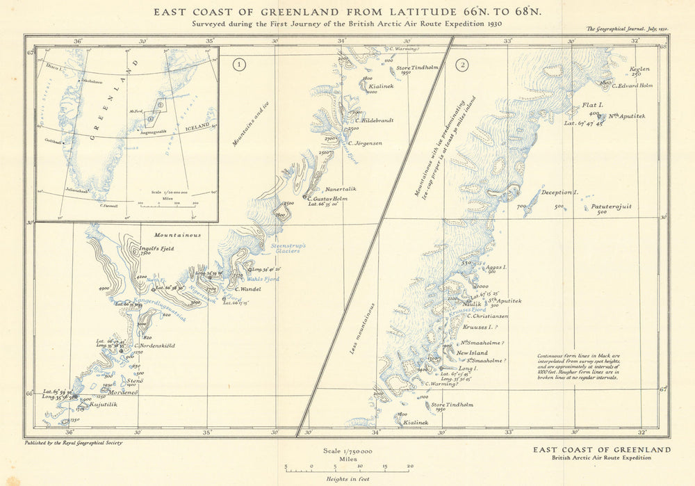 East Greenland Coast 66-68°N. 1st BAARE Journey 1930. Watkins. RGS 1932 map