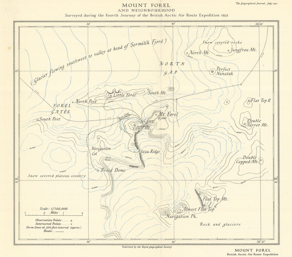 East Greenland. Mount Forel environs. 4th BAARE Journey 1931. RGS 1932 old map