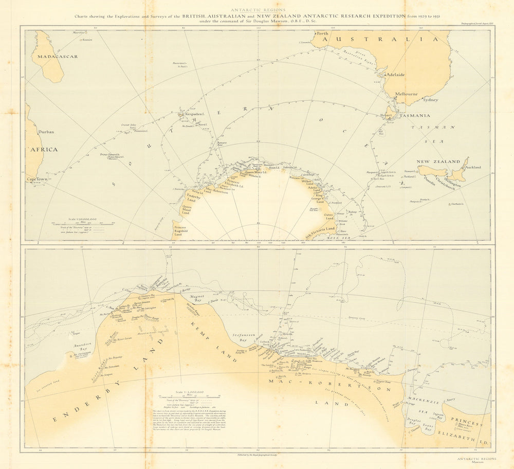 BANZARE Antarctic exploration & surveys. Douglas Mawson expedition. RGS 1932 map