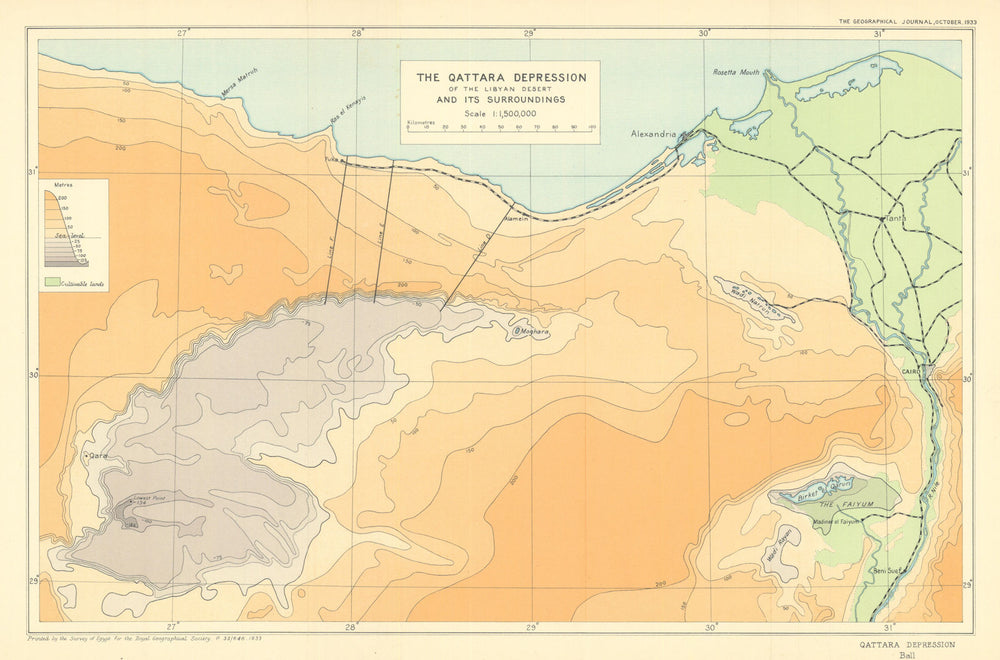 Qattara Depression & surroundings Libya Egypt border. John Ball/RGS 1933 map