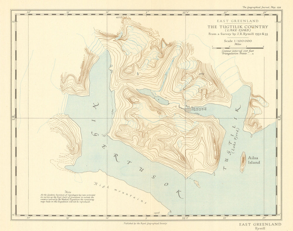 East Greenland. Tugtilik/Tuttilik Country Lake Fjord survey. Rymill/RGS 1934 map