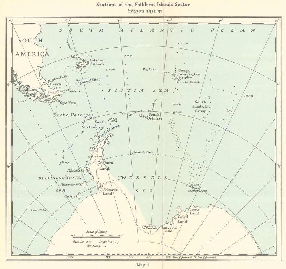 Falkland Islands Sector stations 1931/2 Antarctic RRS Discovery II. RGS 1934 map