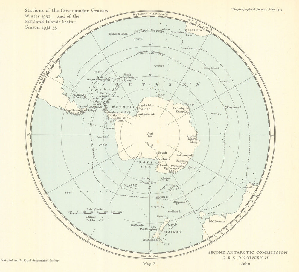 Antarctic. Circumpolar cruise stations 1932/3 RRS Discovery II John/RGS 1934 map