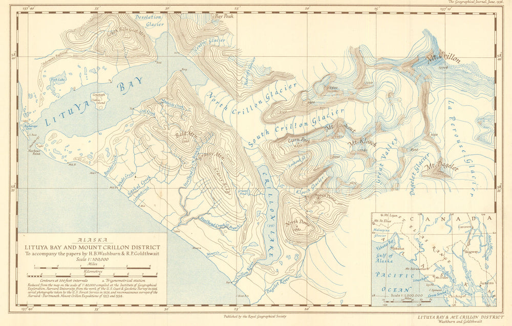 Lituya Bay & Mount Crillon district by Washburn & Goldthwait. RGS 1936 map