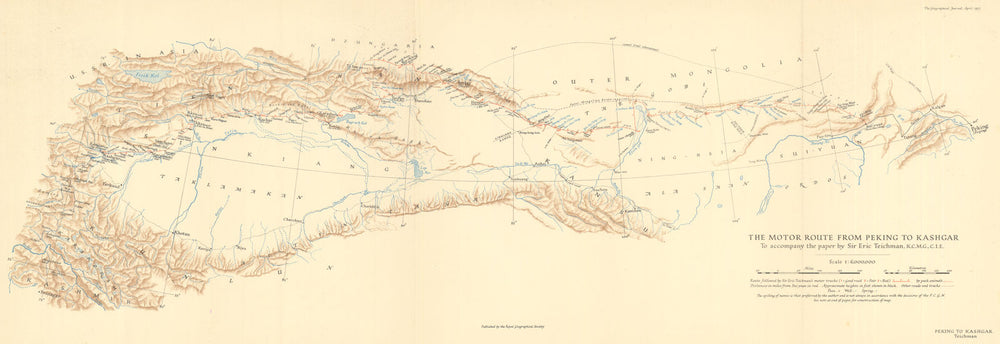The motor route from Peking to Kashgar by Eric Teichman. Silk Road. RGS 1937 map