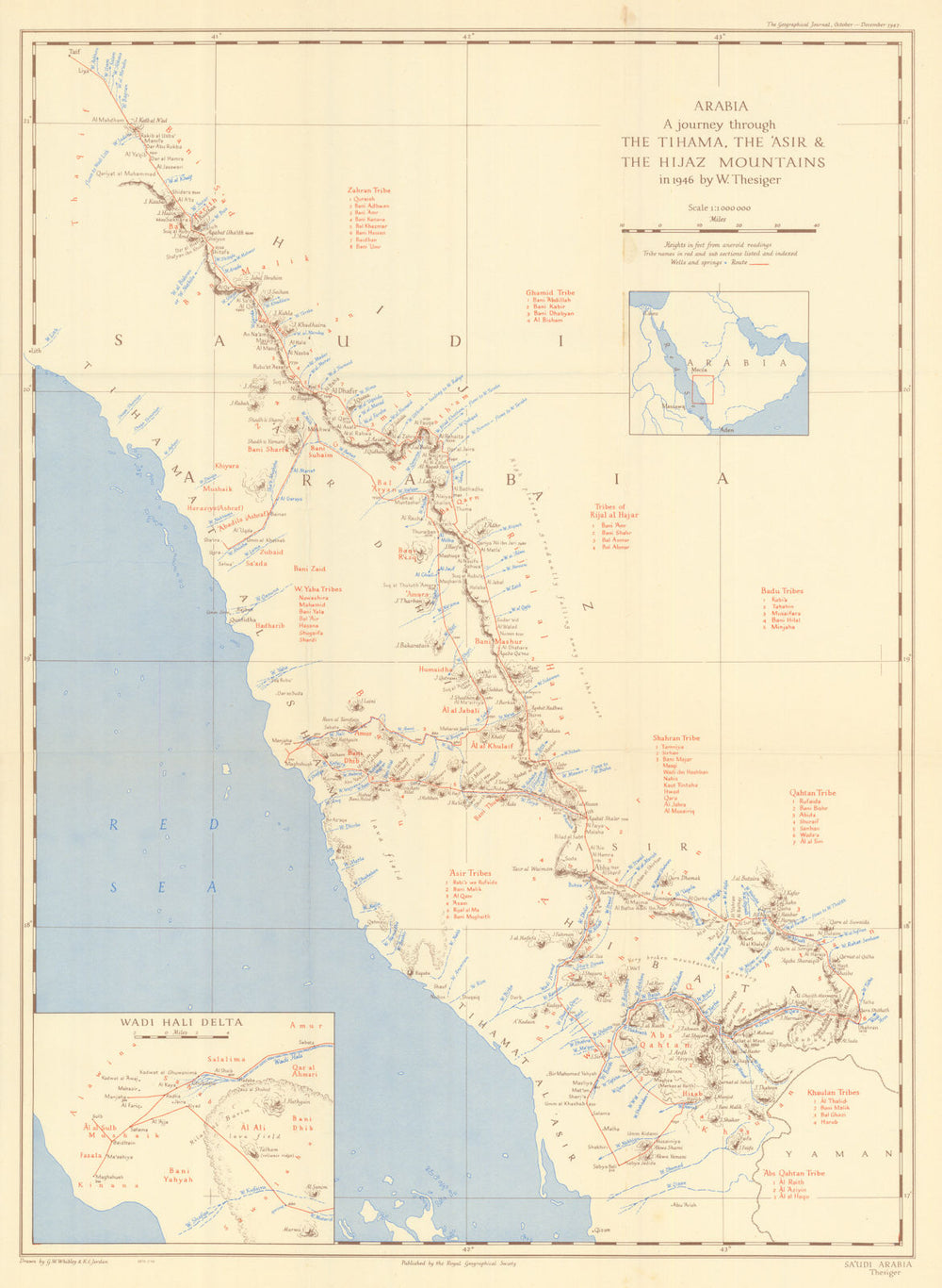 Arabia. Thesiger 1946 Tihama, Asir & Hijaz Mountains journey. RGS 1948 old map