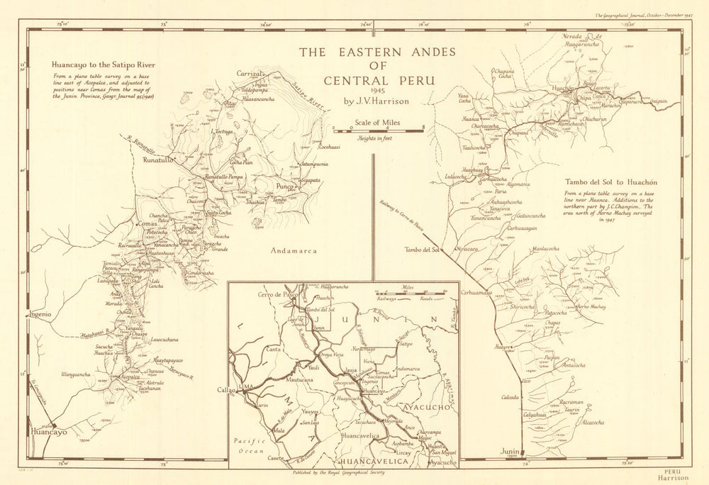 The Eastern Andes of Central Peru survey by John Vernon Harrison. RGS 1948 map
