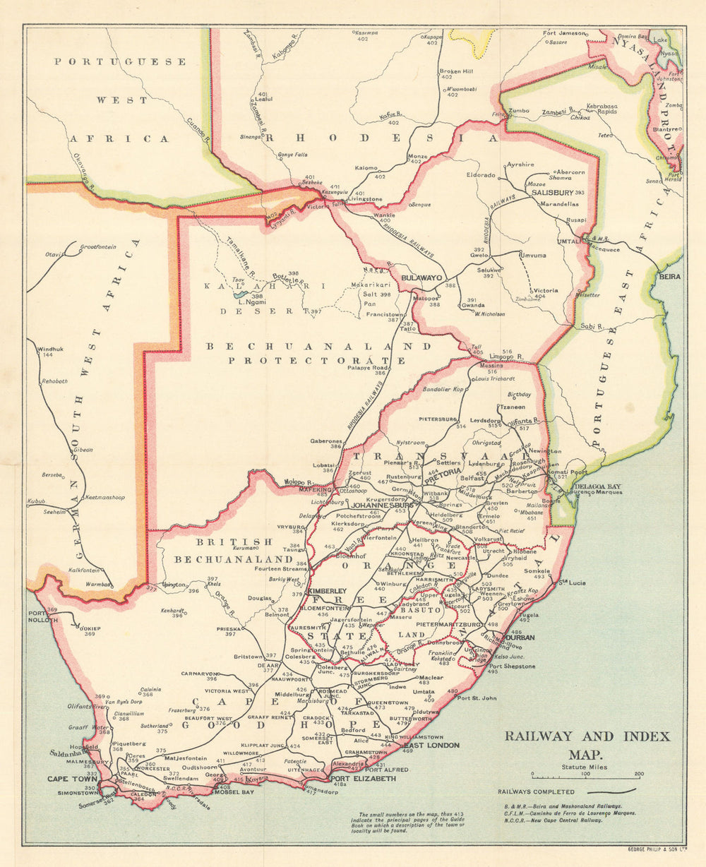 Southern Africa Railway & Index Map. Rhodesia Bechuanaland. SAMLER BROWN 1914