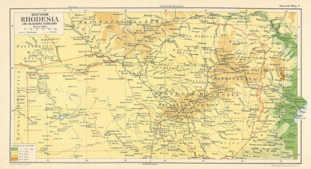 Southern Rhodesia & adjacent Territory. Zimbabwe Botswana. SAMLER BROWN 1914 map