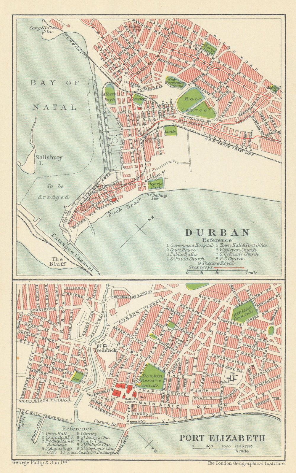 Durban & Port Elizabeth antique town/city plans. SAMLER BROWN 1914 old map